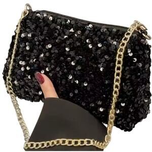 Sequin Black Pouch Clutch Evening Bag Formal Chain Shoulder Party Shiny Purse